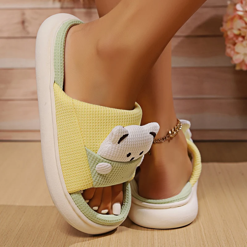 Cute Cartoon Bear Home Slippers Women 2024 Winter Comfort Soft Sole Linen Slippers Woman Non Slip Flat Heels House Shoes Slides 4