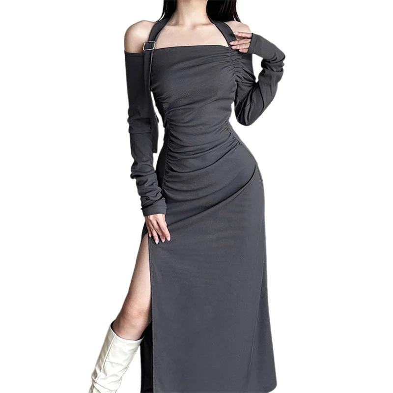 y2k Wasteland Dress Women Grunge Solid Color Long Sleeve High Split Halter Bodycon Dresses 2000s Party Dresses Clubwear