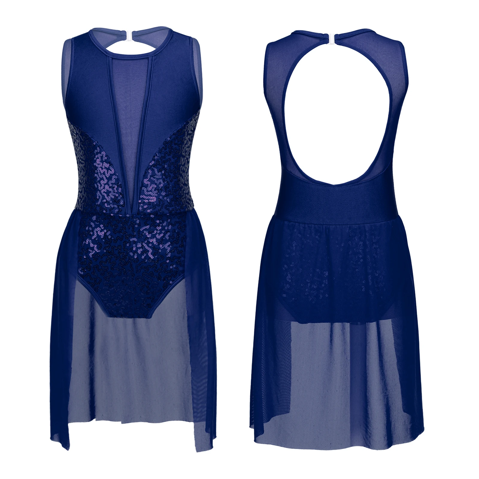 Vestido de competición de baile de ballet y patinaje artístico para niñas pequeñas, sin mangas, con lentejuelas brillantes y dobladillo irregular, con espalda hueca