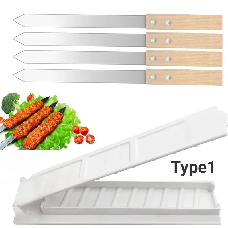 木製ハンドル付きステンレス鋼バーベキュー串、ケバブ串、フラット