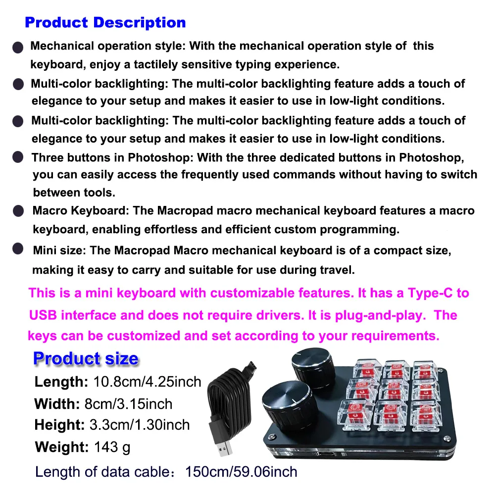 9-Key Multi-Functional Editing Keyboard, 6-Layer Macro Recording, Full-Key Customization, One-Step Operation for Control - 6