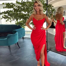 

Sevintage Modern Red Satin Mermaid Evening Dresses High Side Split Pleat Ruched Women Prom Gown Vintage 2022 Celebrity Dress