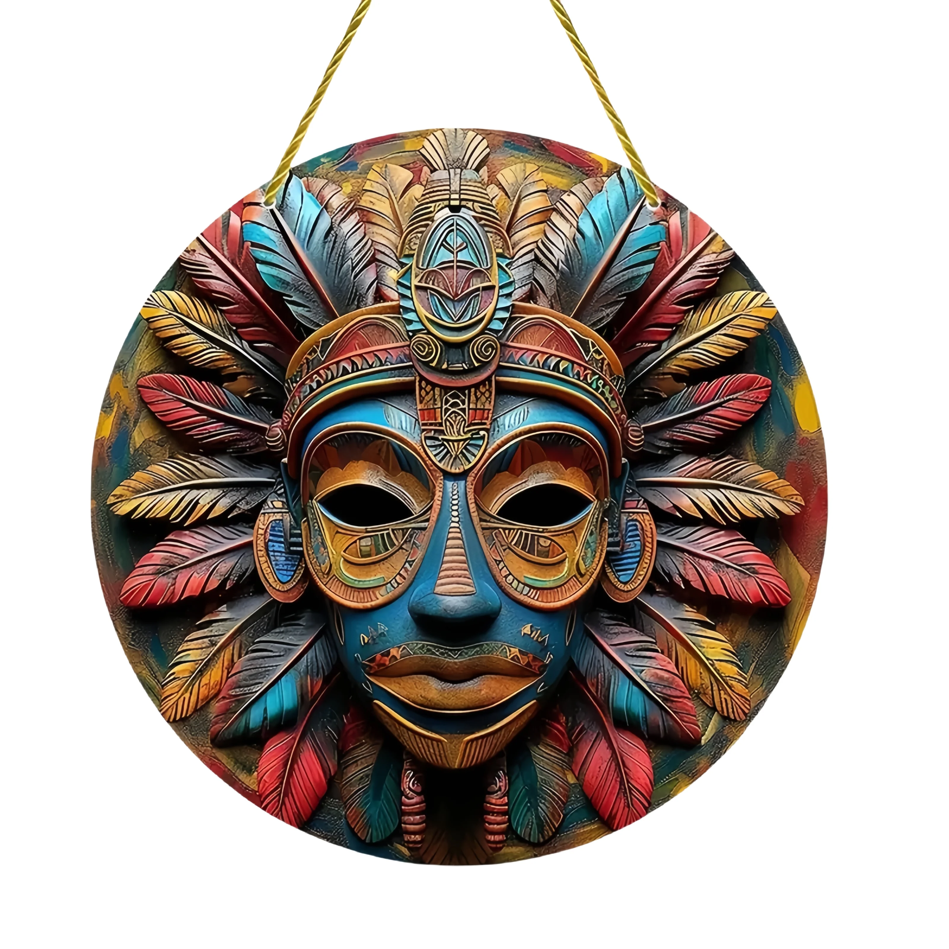 Ceremonial Headdress 2D African Mask Metal Wall Art Cultural Decor Display Disc