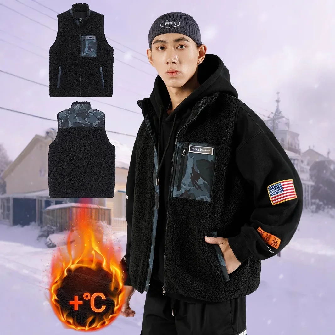 Men's Lamb Wool Vest Thickened Warm Casual Loose-Fit Motorcycle Rider Jacket Autumn Winter Season Men's Wear