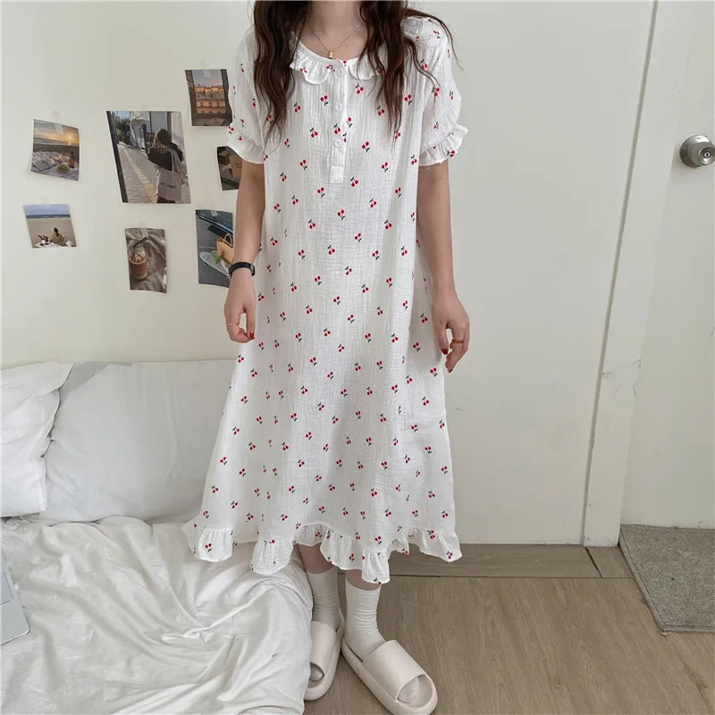 Cherry Print Summer Nightgown Women O-Neck Short Sleeve Casual Cotton Sleepwear Loose Ruffles Homewear Kawaii Korean