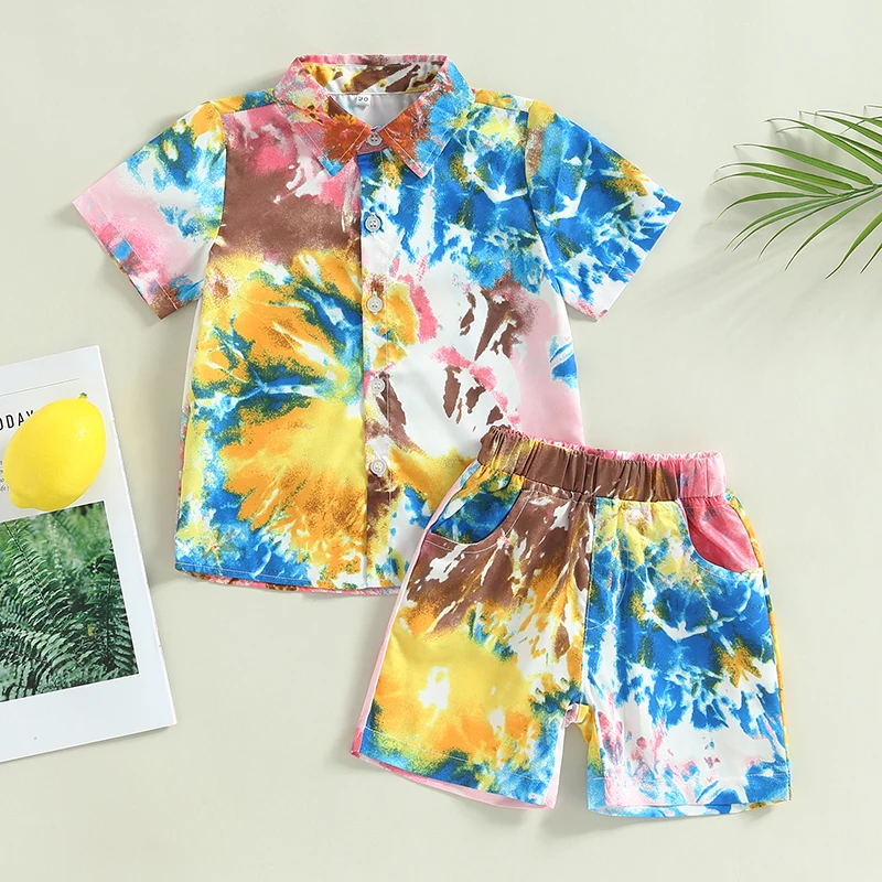 

Kids Boys Summer Clothes Tie-Dye Print Short Sleeve Turn-Down Collar Shirts Tops Elastic Waist Shorts Beach Style 2Pcs Suit