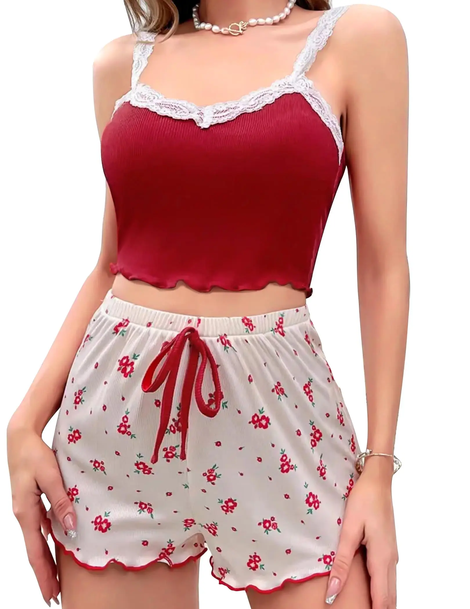 Women Pajama Set Lace Patchwork V-Neck Sleepwear Sexy Nighties Suit Camisole Top Printed Shorts Soft Pyjamas Loungewear