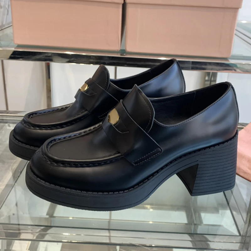 

2024 New Black Color Loafer Shoes for Women with Square Heels Girls Fashion Female Leather Shoes Zapatos Mujer