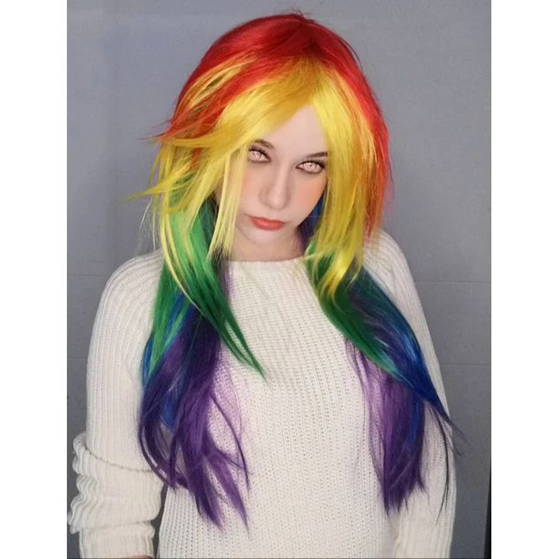Hairjoy synthetisches haar frauen cosplay regenbogen dash mehrfarbig hitze beständige party perücke versand kostenfrei