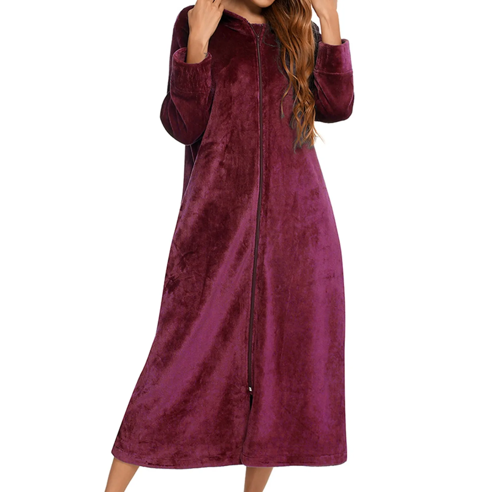 Women Sleepwear Sleepwear Pajamas Winter Long Fleece Bathrobes Women's Solid Color Zipper Bath Robe Dressing Gown Autumn Warm Hooded Home Wear