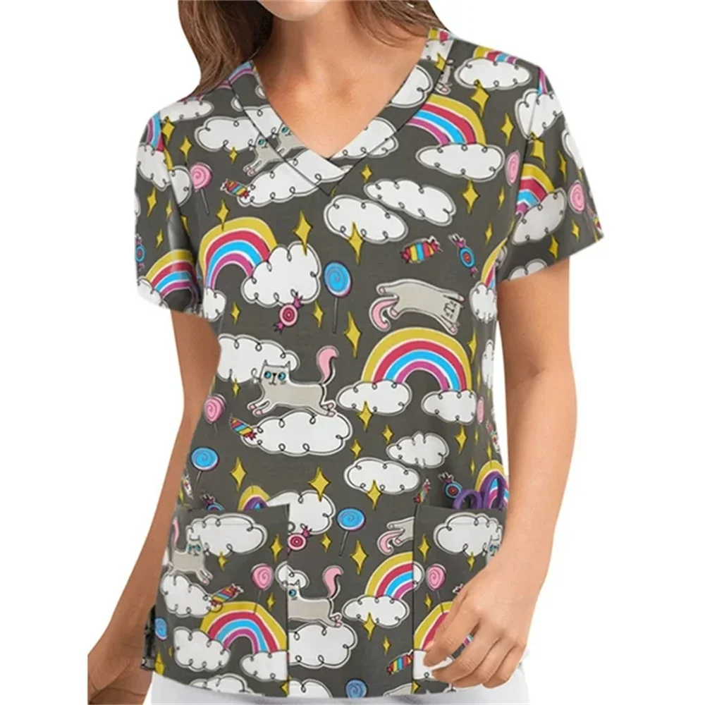 Healthcare Nurse Tunic Uniforms Women Short Sleeve Medical Scrubs Tops Flower Print Pockets Workwear for Clinic Nurse uniform suits nurse uniform dress working uniform blouse nurse scrubs top