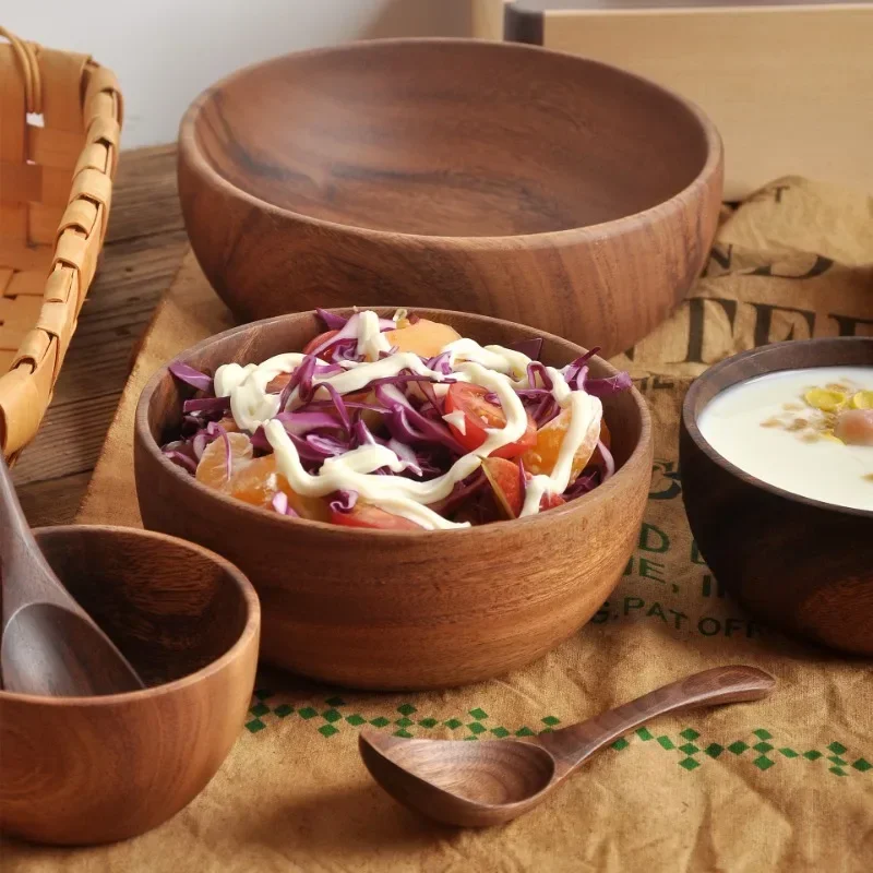 Leeseph Wooden Salad Bowls, Food Containers Acacia Woodensoup Bowl Fruit Wooden Household Kitchen Bowl Cutlery Basin