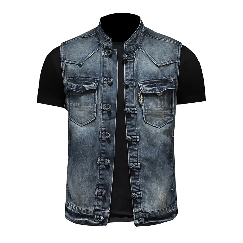 SpringVintageMockCollarColorMatchingSingleBreastedBlueSlimFit