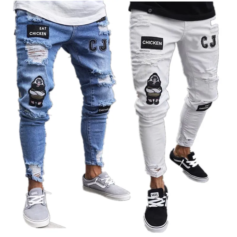 2023 Fashion Party Ripped Skinny Jeans Men Vintage Wash Solid Denim Trouser Mens Casual Slim Fit Pencil Denim Pants Hot Sale
