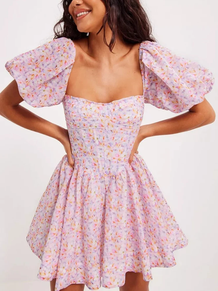 

GypsyLady Elegant Chic Floral Mini Dresss Pink Ruffles Rayon Puff Sleeve Backless Sexy Women Ladies Party Dresses Vestidos New