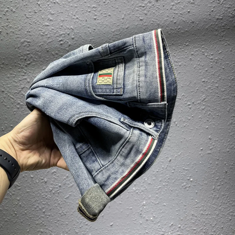 2024 Summer new high-end light luxury hole breaking midi pants stretch casual denim shorts men's pants rolled blue jeans