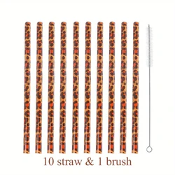 Leopard Print Reusable Straw Set with Cleaning Brush - Ideal for Parties and Gatherings (10 Straw and 1 Brush)
