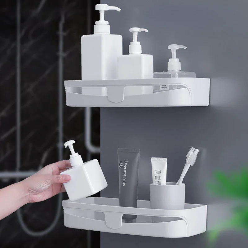 

Perforated free bathroom storage rack, wall mounted plastic restroom, triangular corner rack on the wall for toilet storage
