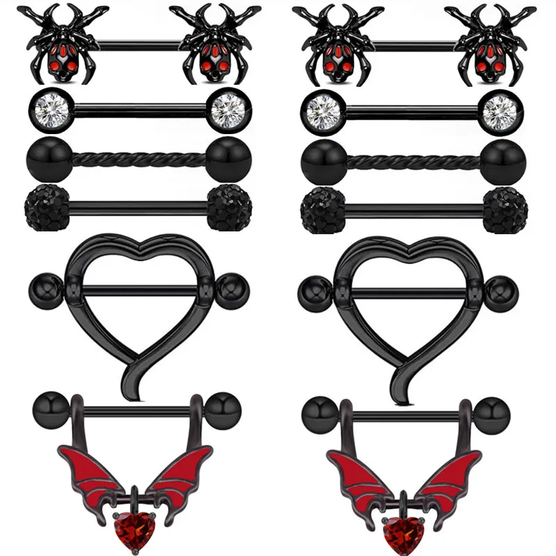 1PairBlackNipplePiercingBarbellJewelry14GSpiderCrystalNipple