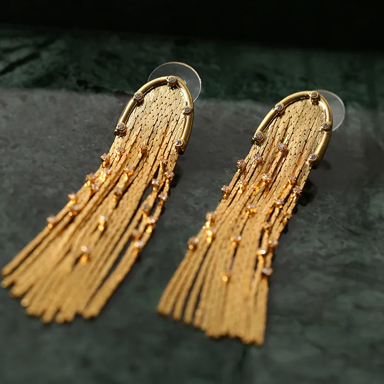 Earrings for Women Full Zircon Tassel Long Earrings Female Ins Personality Trend Design Gold Chain Tassel Earrings