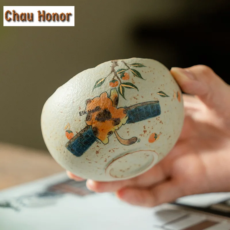 195ml Hand-painted Cat Stealing Persimmons Teacup Retro Tea Bowl Tea Pair Tea-tasting Meditation Cup Chazhan Master Cups Cha