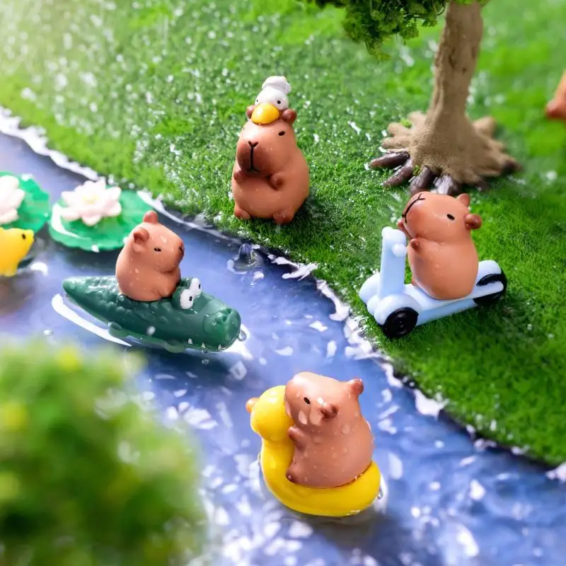 2Pcs 미니 Capybara 가족 8 조각 수지 미니어처 인형 수지 사랑스러운 Capybaras 미니 동물원 장식 요정 정원 액세서리