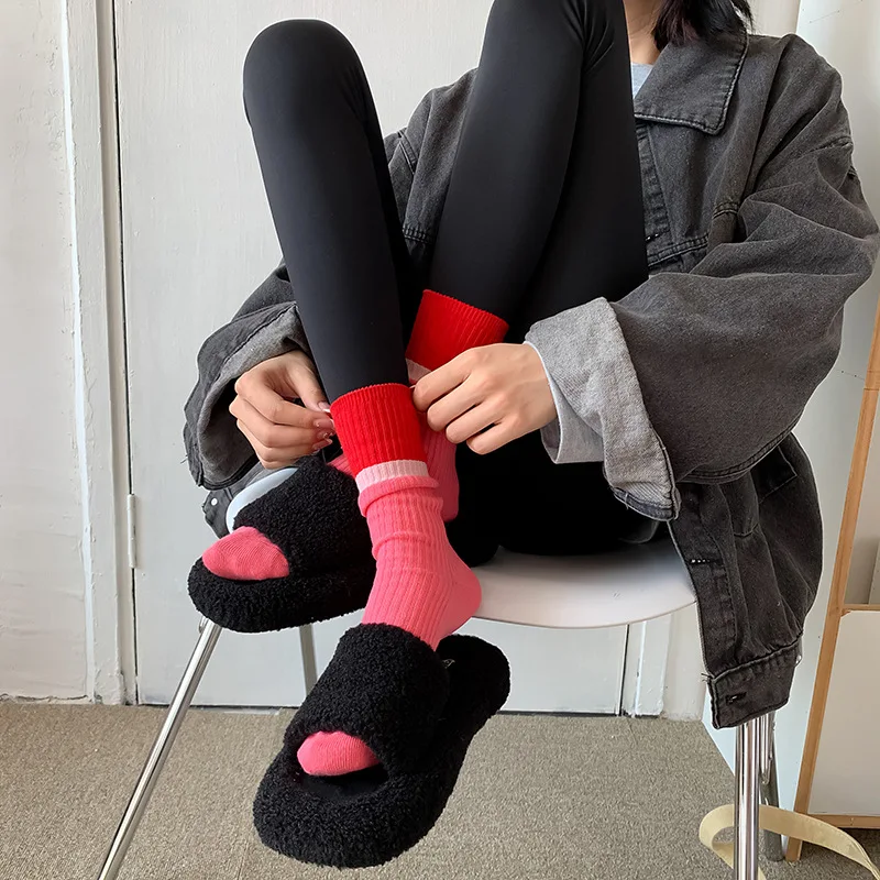 Contrast colored socks, women's high top pile up socks, Korean version of spring/summer cotton socks