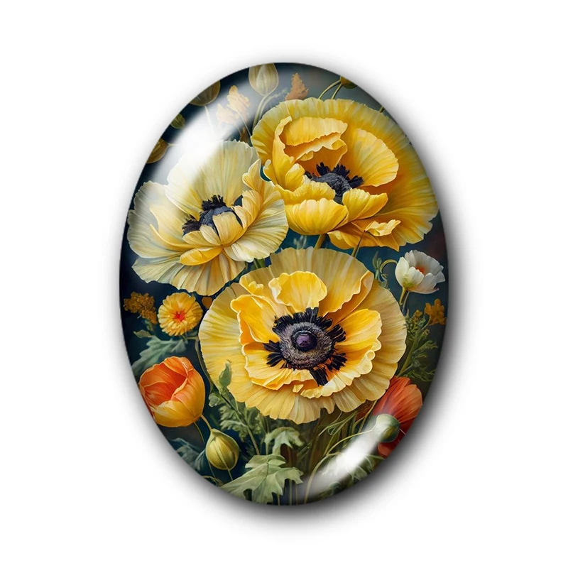 Elegant Gold & Black Floral Patterned Oval Glass Cabochons: Perfect for Crafting & Jewelry Making (10pcs)