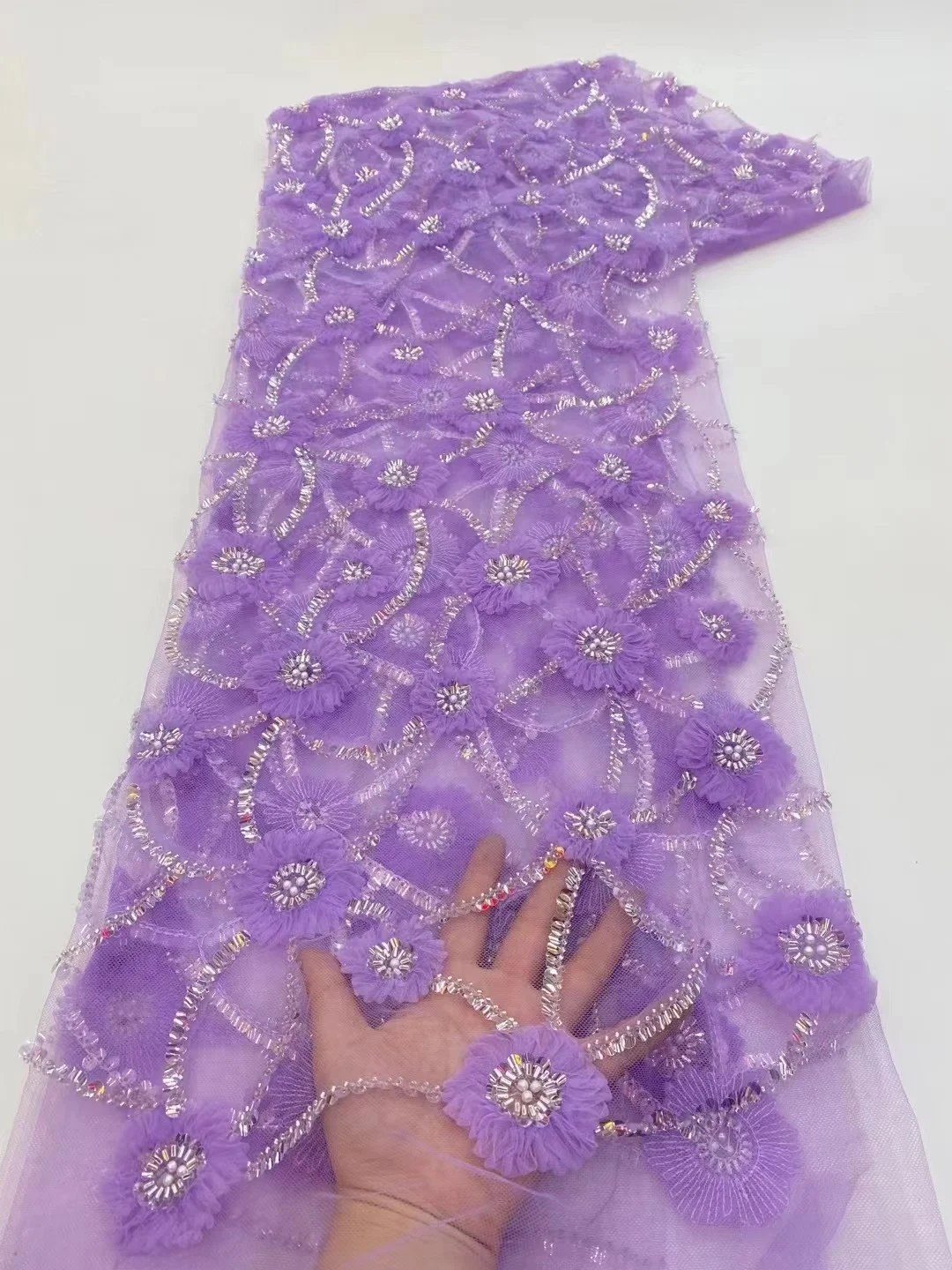 

Luxury Purple Nigerian Handmade Beads Lace Fabric French Mesh Tulle Sequins Beaded Embroidery African Lace Sewing Material
