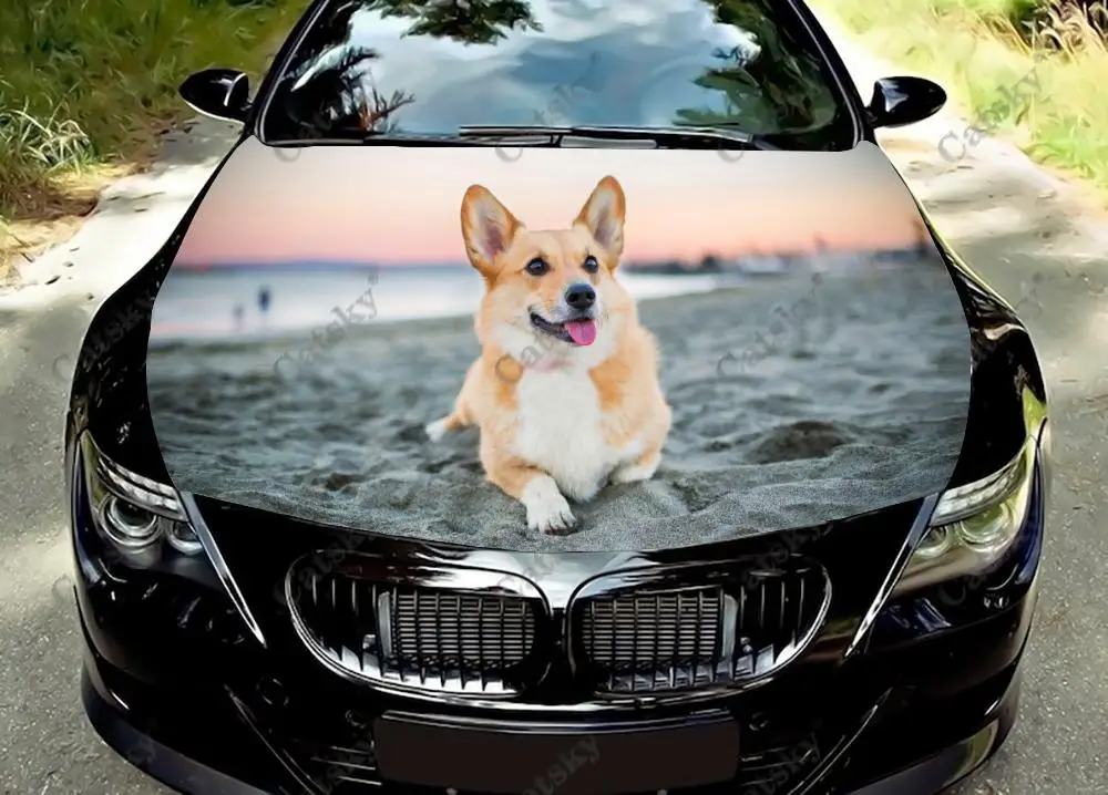 

Виниловая наклейка на капот автомобиля Happy Corgi Dog Family, виниловая пленка, наклейка на крышку двигателя, универсальный размер, защитная пленка на капот автомобиля