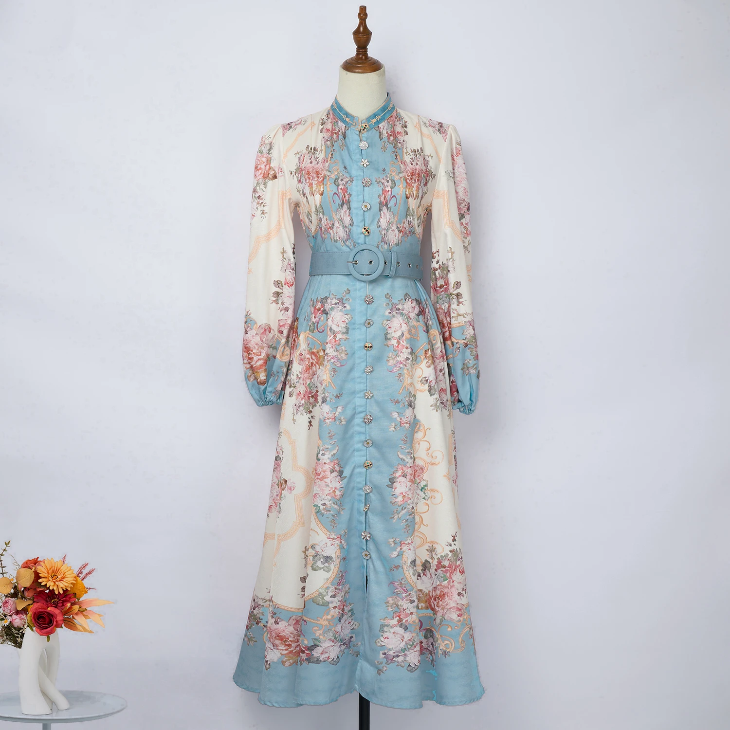 

Платья Coigarsam для женщин, новинка 2024, офисное женское платье с принтом и поясом, с пышными рукавами, с высокой талией, сине-зеленое платье