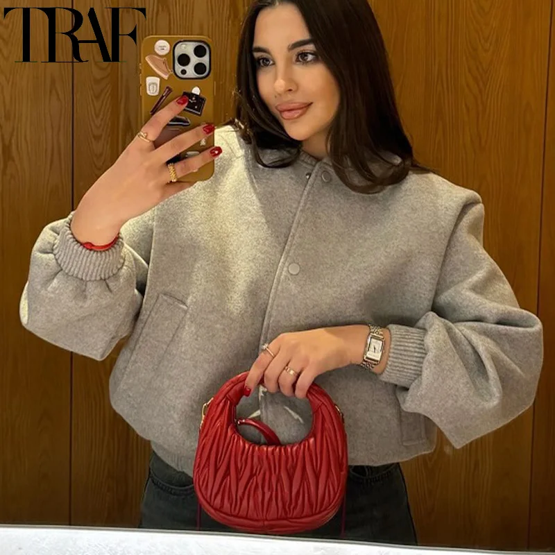 TRAF Cropped Bomber Jackets For Women Autumn Long Sleeve Baseball Jacket Woman Fashion Winter Button Aviator Jackets Streetwear 4