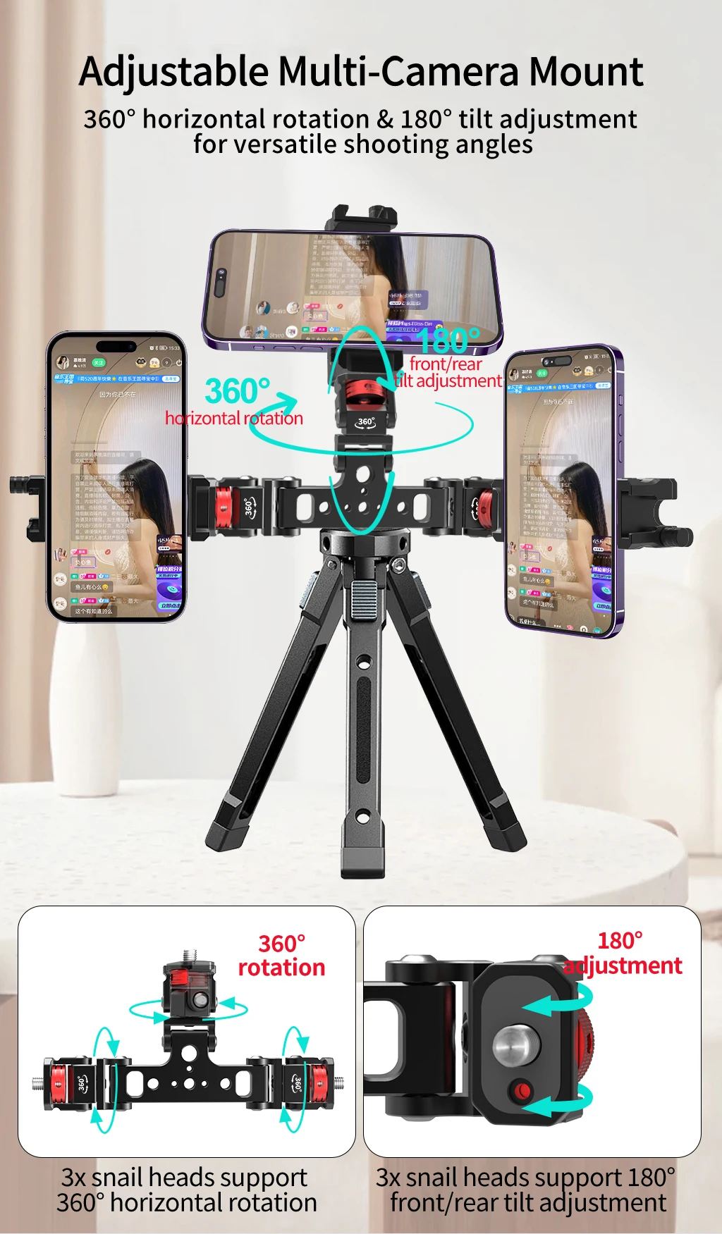 Aluminium-Dreifachmontageadapter 1/4 3/8 Zoll/ARRI-Gewinde 180 ° -360 ° Neigung für Action DSLR Kamera Telefon Stativ Verlängerung Halterung Halterung – Detail 10