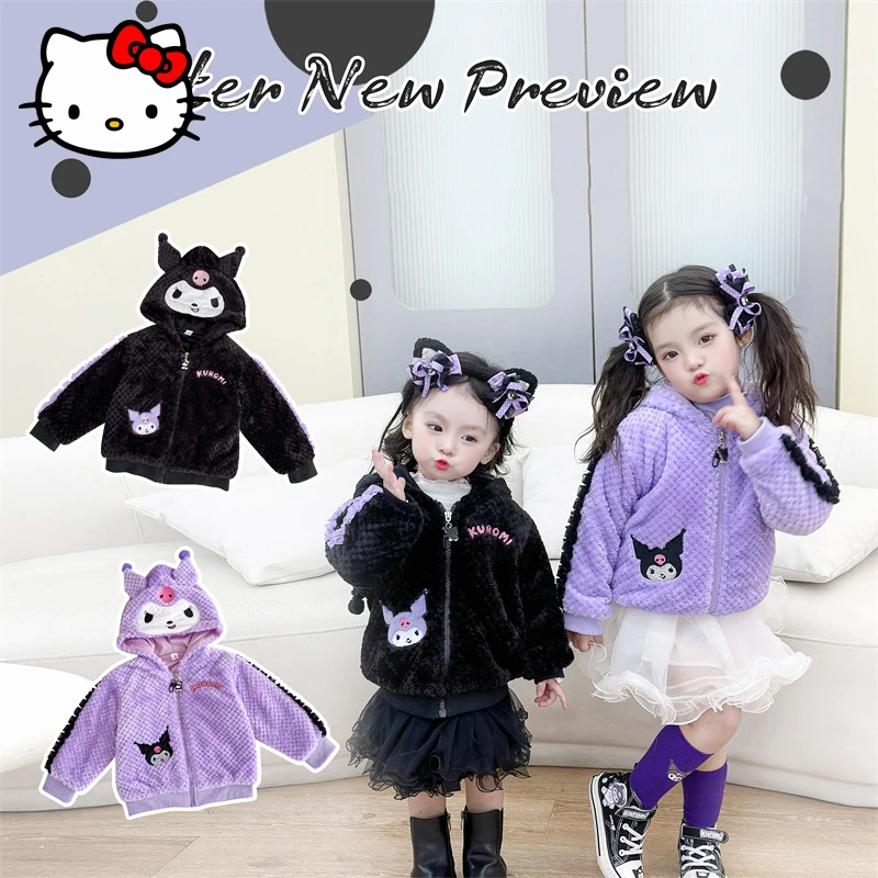 

Kawaii Sanrio Kuromi Coat Cartoon Girl Children Winter Sweet and Cool Velvet Windbreaker Student Animation Soft Warm Sports Coat