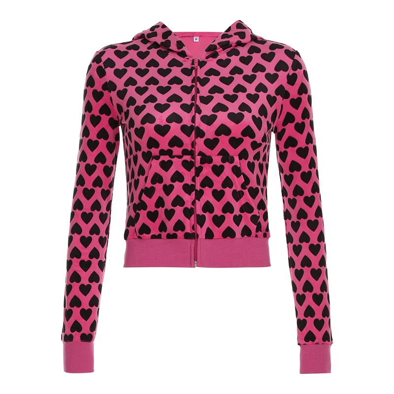 Chaqueta de terciopelo con estampado de corazón Y2K con capucha, estilo dulce rosa, abrigo de otoño con cremallera y bolsillo, ropa de abrigo ajustada retro bonita para invierno