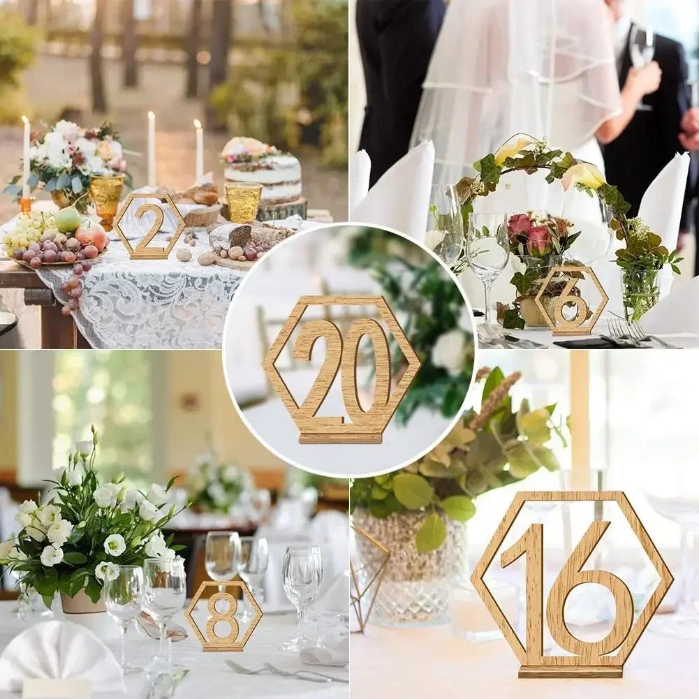 1-20 Number Wooden Table Numbers 20Pcs Hexagon Shape with Holder Base for Wedding Party Events Catering Decor Supplies