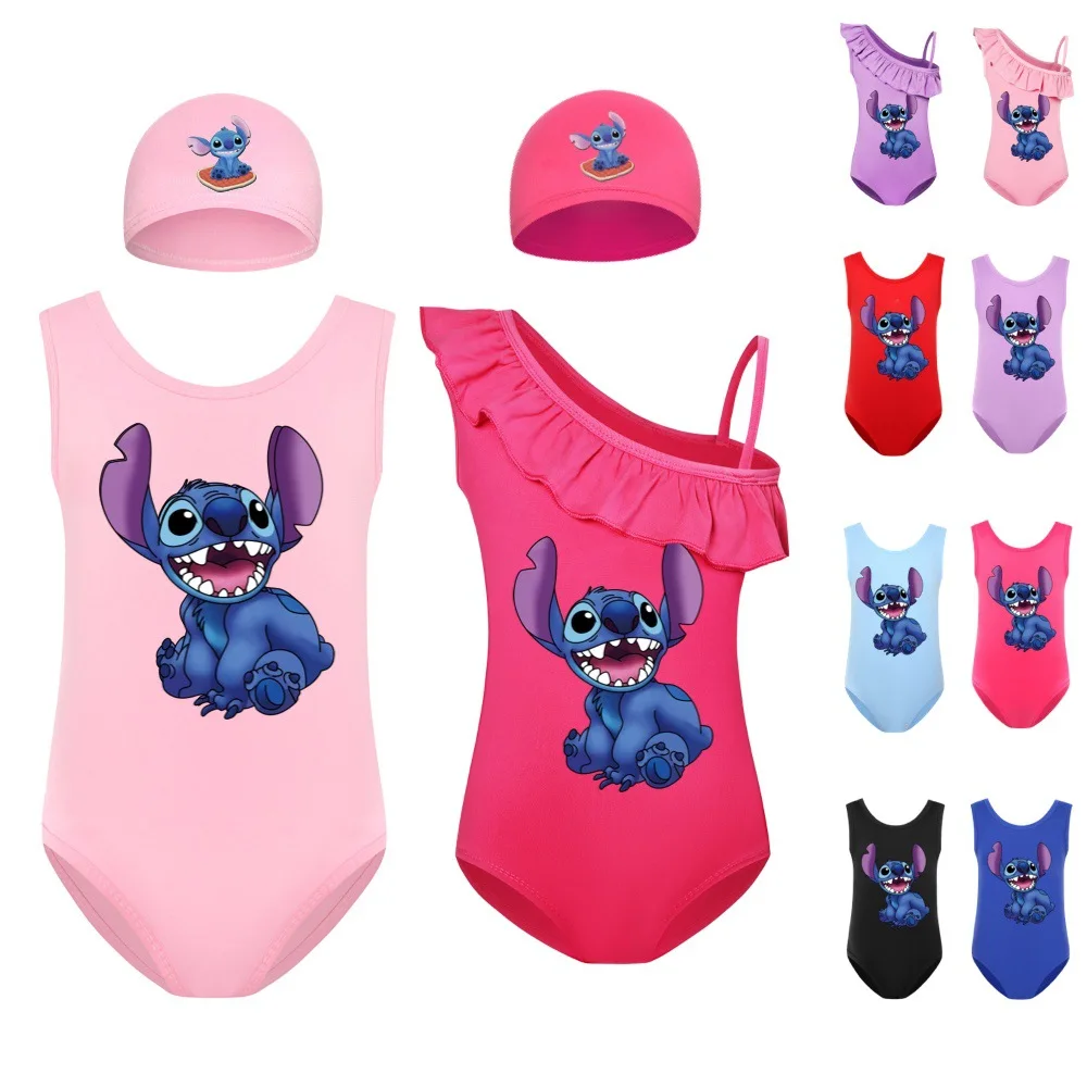 New Kids Boys Swimwear Cartoon Stitch Baby Girls Swimsuit Swimming Cap Set Children Movement Outfit Toddler Clothes Pajama Tops