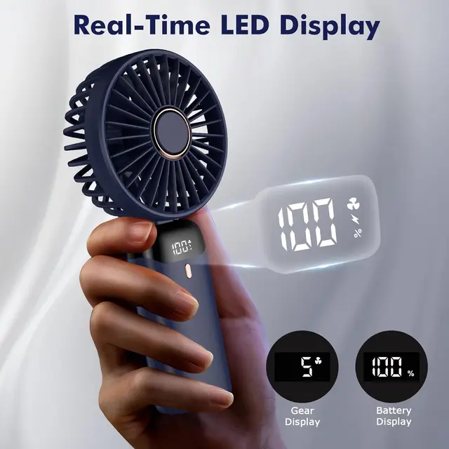 Handheld Fan,Foldable Desk Desktop Type-C Rechargeable Fans with Lanyard and Base, Mini Fan with LED Display 3