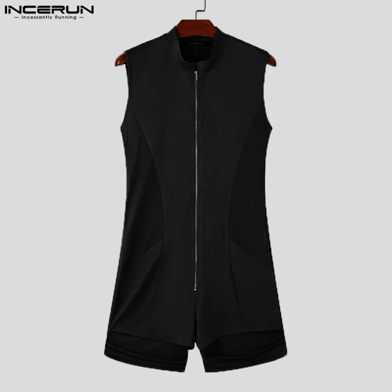 INCERUN American Style Homewear Men's Sexy Casual Zipper Design Jumpsuits Solid Thin Comfortable Sleeveless Bodysuits S-5XL