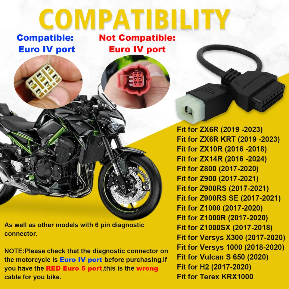 For Kawasaki 6 Pin OBD Diagnostic Cable for Z900RS, Z800, Z900