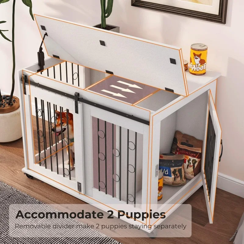 Dog Crate Furniture with Divider for 2 Small to Medium Pets, Wooden Cage End Table, Heavy Duty Indoor Puppy Kennel with Removabl