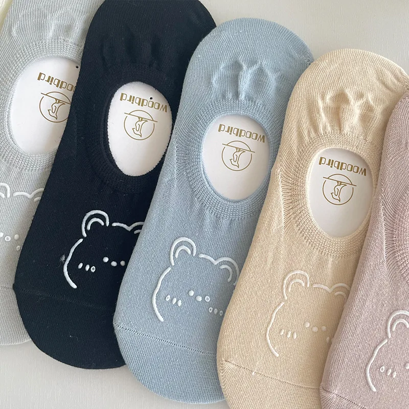 5 Pairs New Kawai Women Socks Summer Cute Japanese Fashion Cartoon Bear Funny Socks Soft Cotton Short Non-slip Invisible Socks