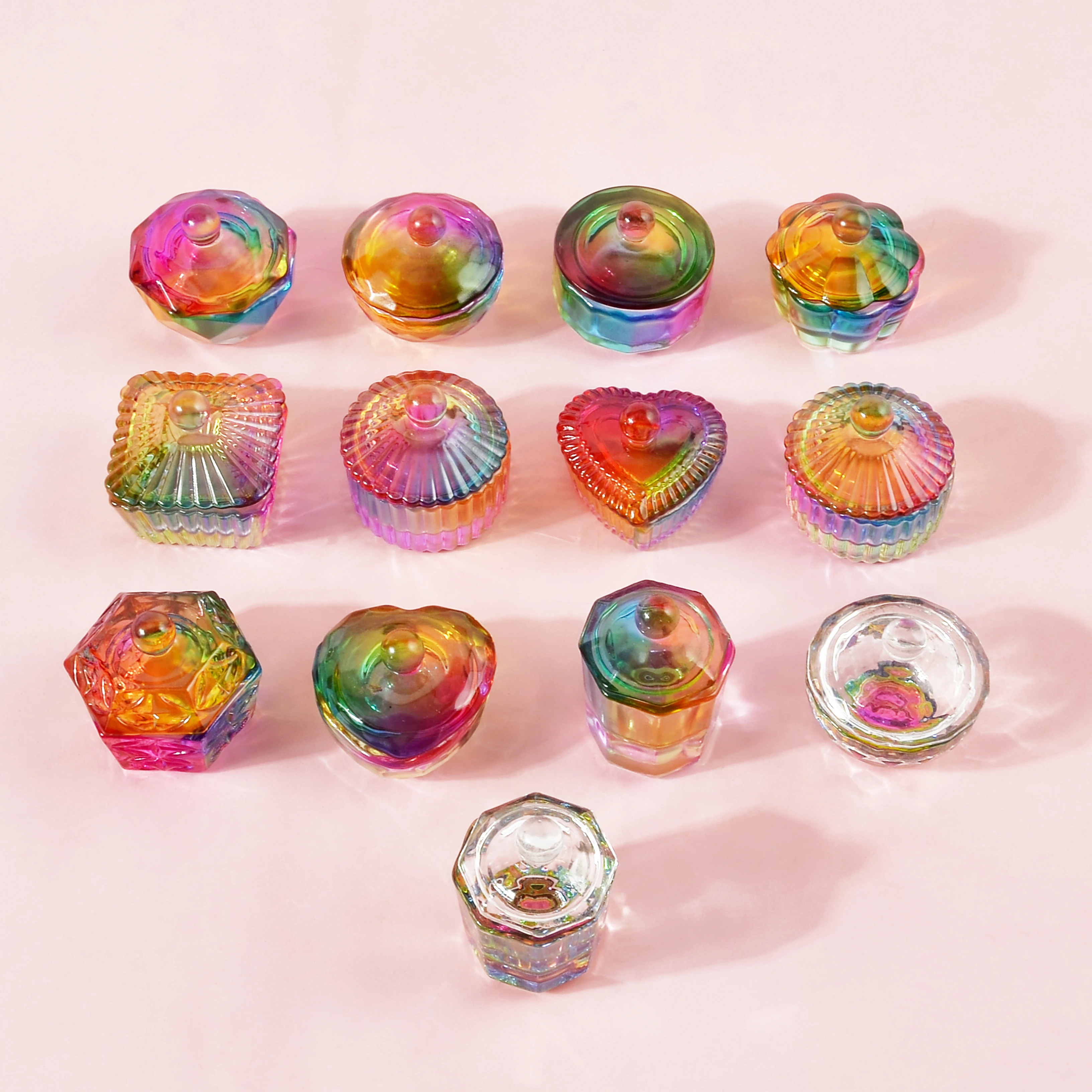 

Nail Art Pen Cup Colorful Crystal Glass Cup Nail Professional Tools Round/Square/Hexagon/Heart Powder Liquid Nail Cup With Cover