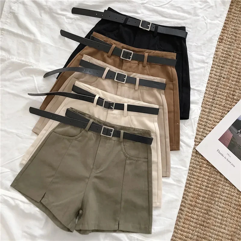 

Women Belt Cotton Slits Shorts Summer Loose High Waist Casual Wide Leg Shorts Fashion Korean Solid Office Lady All Match Shorts