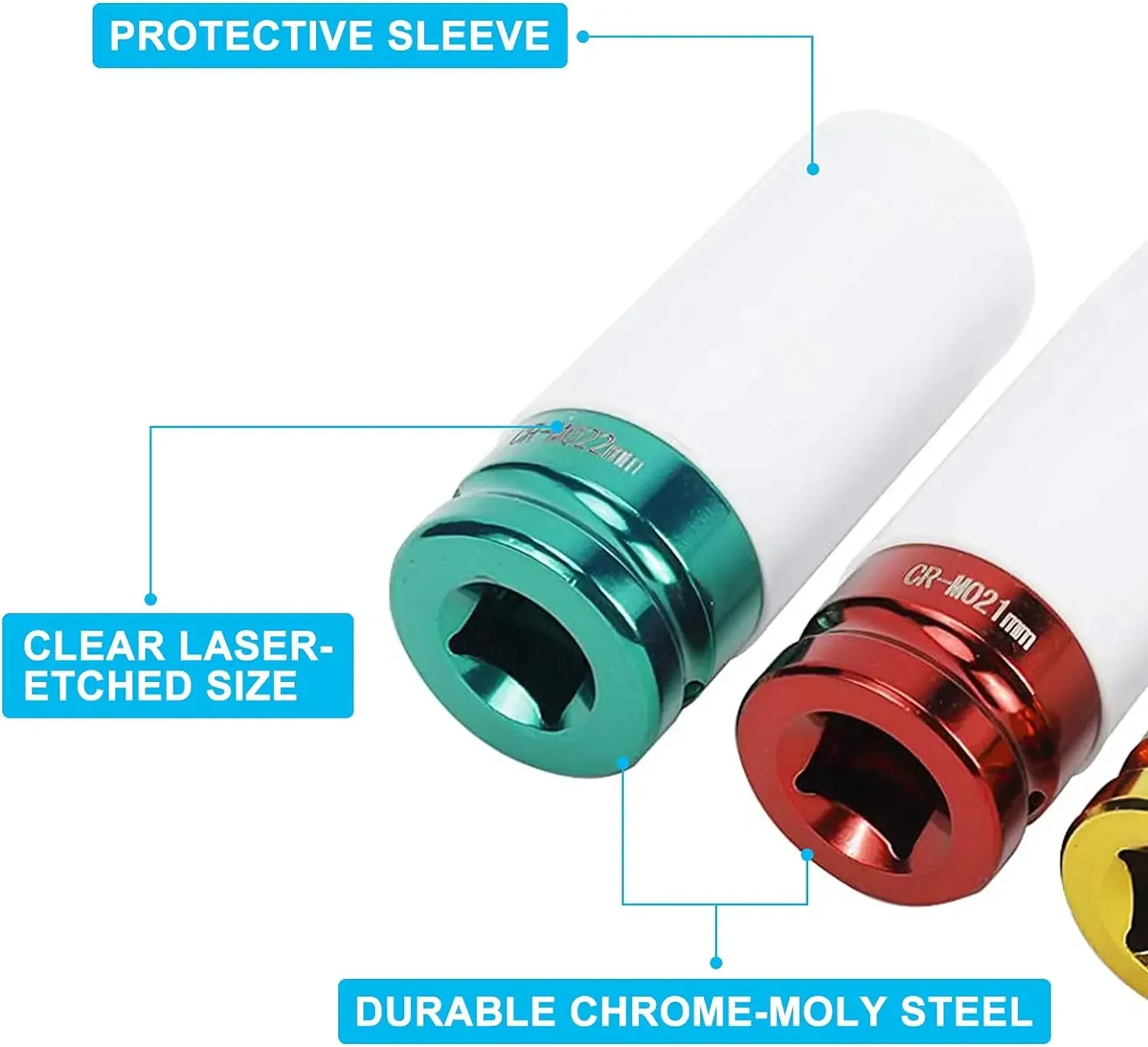 Drive Wheel Protector Impact Socket Impact Sleeve Set Durable Plastic Sleeves 15mm, 17mm, 19mm, 21mm, and 22mm 5