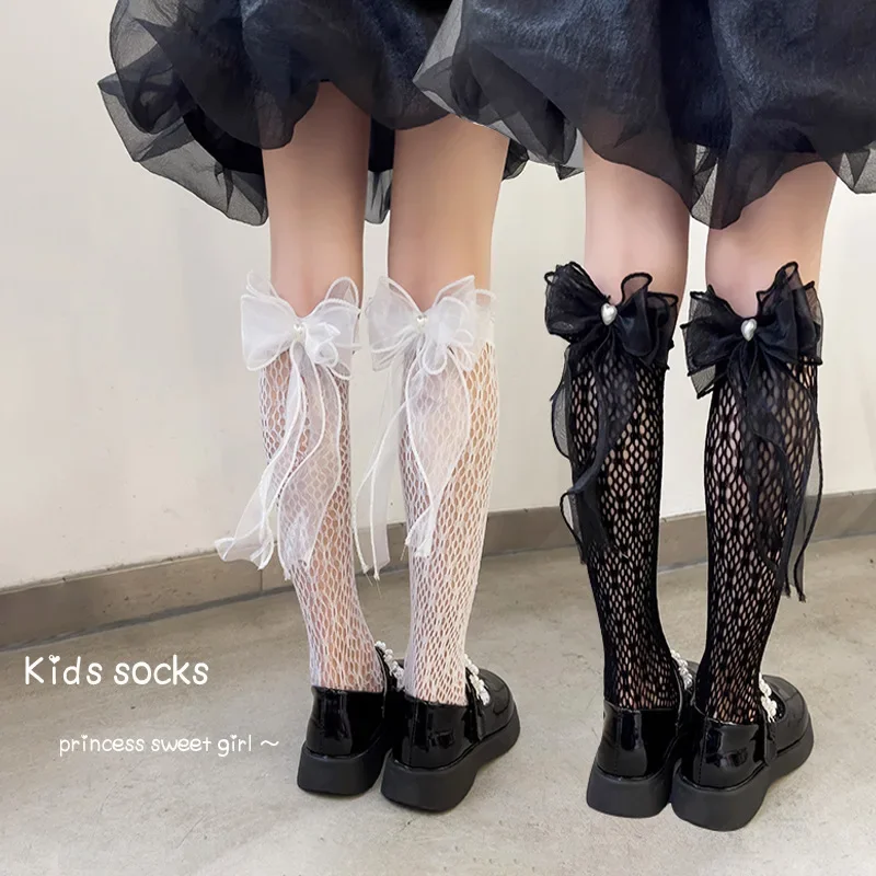 Kids socks Fishnet stockings Summer Children Girl Sock Fashion Fishnet JK Lolita Bow Calf Sock for Kids Girl Thin Breathable Mesh Knee High for Toddler