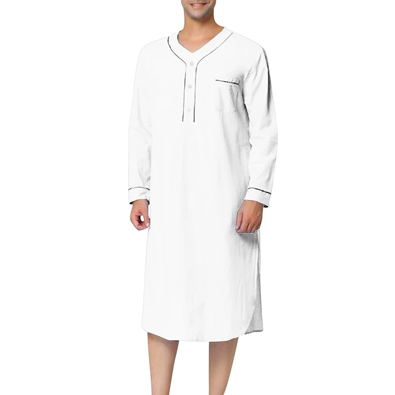 

Men V-Neck Linen Robe Roll Up Short Sleeve Solid Long Night Gown Casual Loose Shirt Kaftan Thobe with Pocket