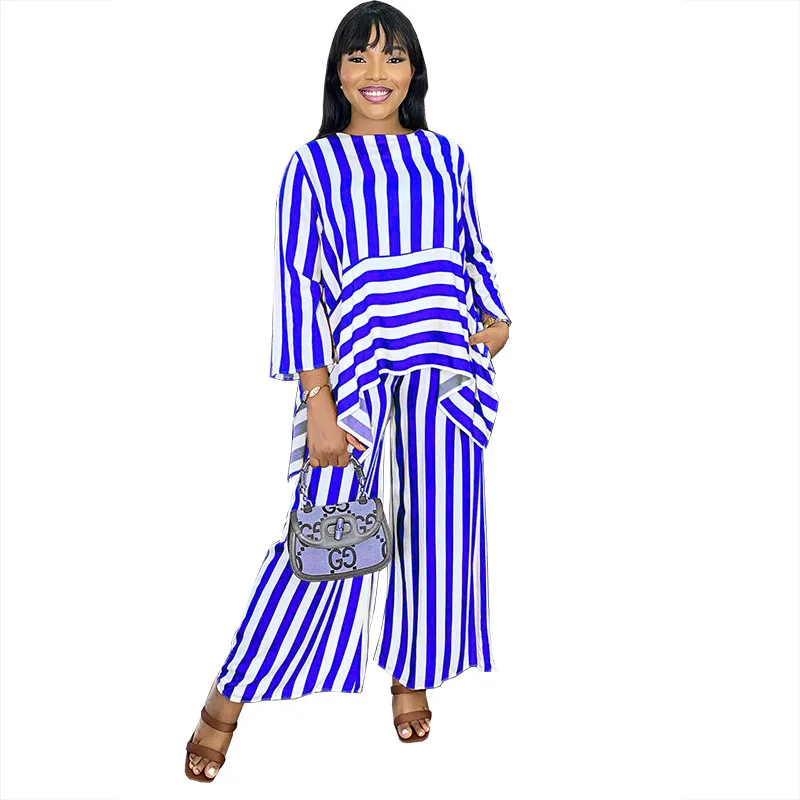 2023 Two Pieces Sets Women Strip Printed Irregular Long Sleeve Tops And  Wide Leg Pants Set Suit Female 2 Piece Tracksuit Outfits - AliExpress