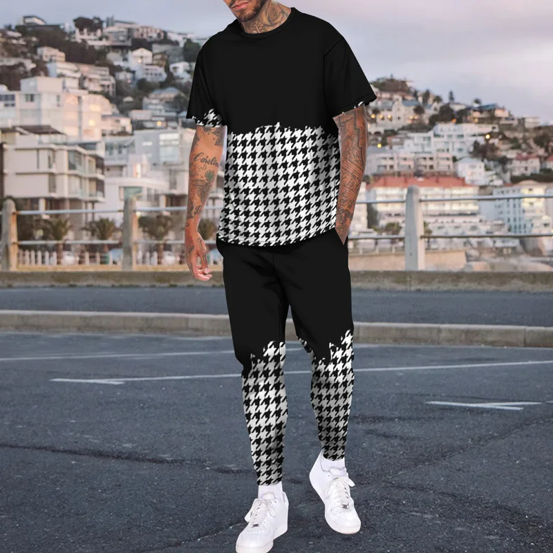 Men's Summer Suit 3D Printing Geometric Check Line Men's Tshirt+Sports Pants 2Piece Street Suit Men's Sports Suit Jogging Suit