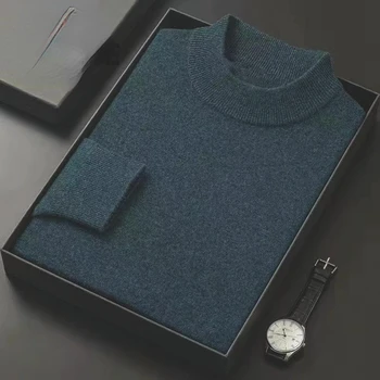 Maglione invernale a collo mezzo alto da uomo addensato caldo che mantiene maglieria tinta unita camicia con fondo in peluche pullover da uomo 1